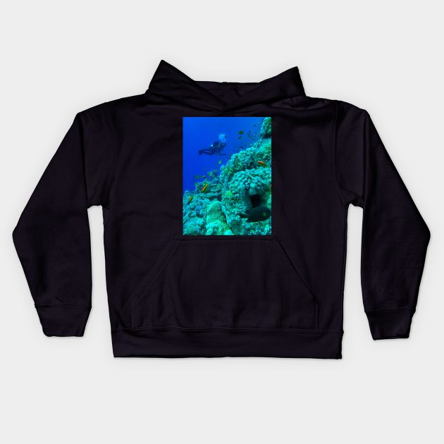 Coral reef and scuba diver Kids Hoodie by likbatonboot